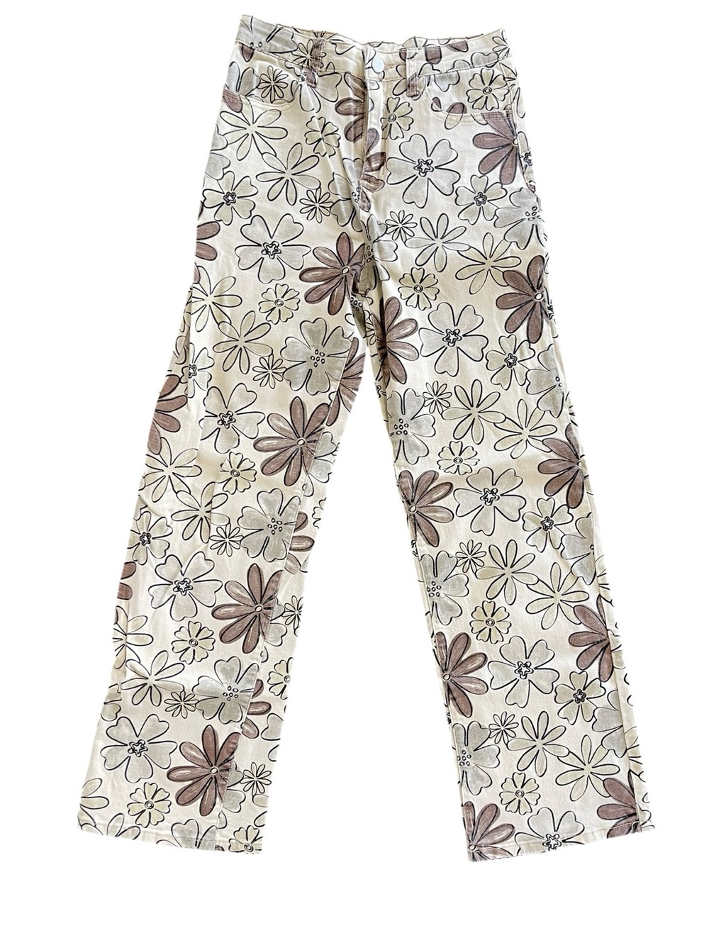 BAILEY ROSE Wide Leg High Waisted Floral Brown Taupe Black Denim Pant Size Small